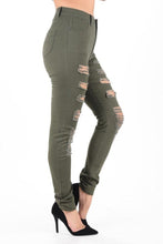 Load image into Gallery viewer, OLIVE DISTRESSED JEANS

